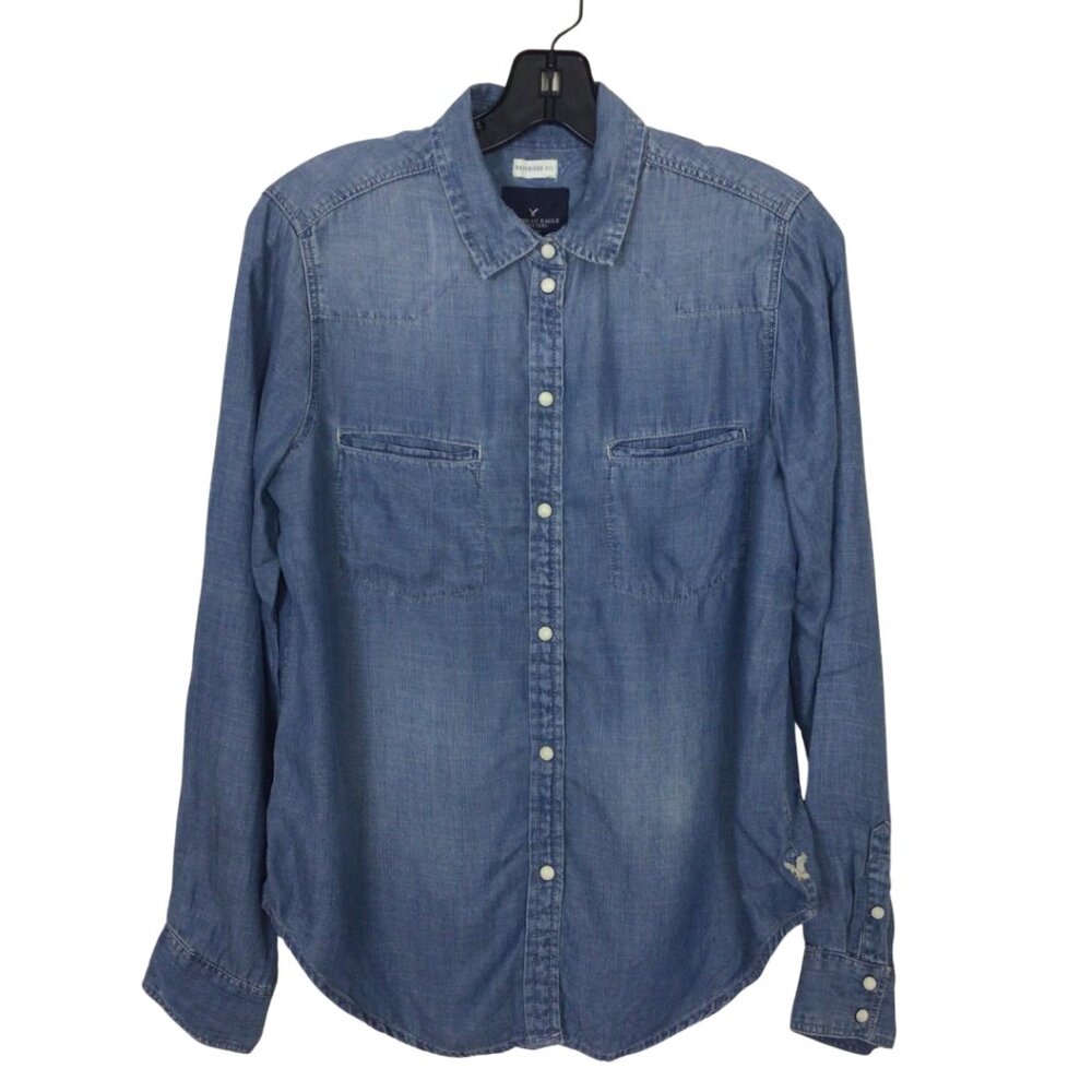American Eagle Outfitters Shirt Women’s S Small Blue Boyfriend Fit Chambray Top